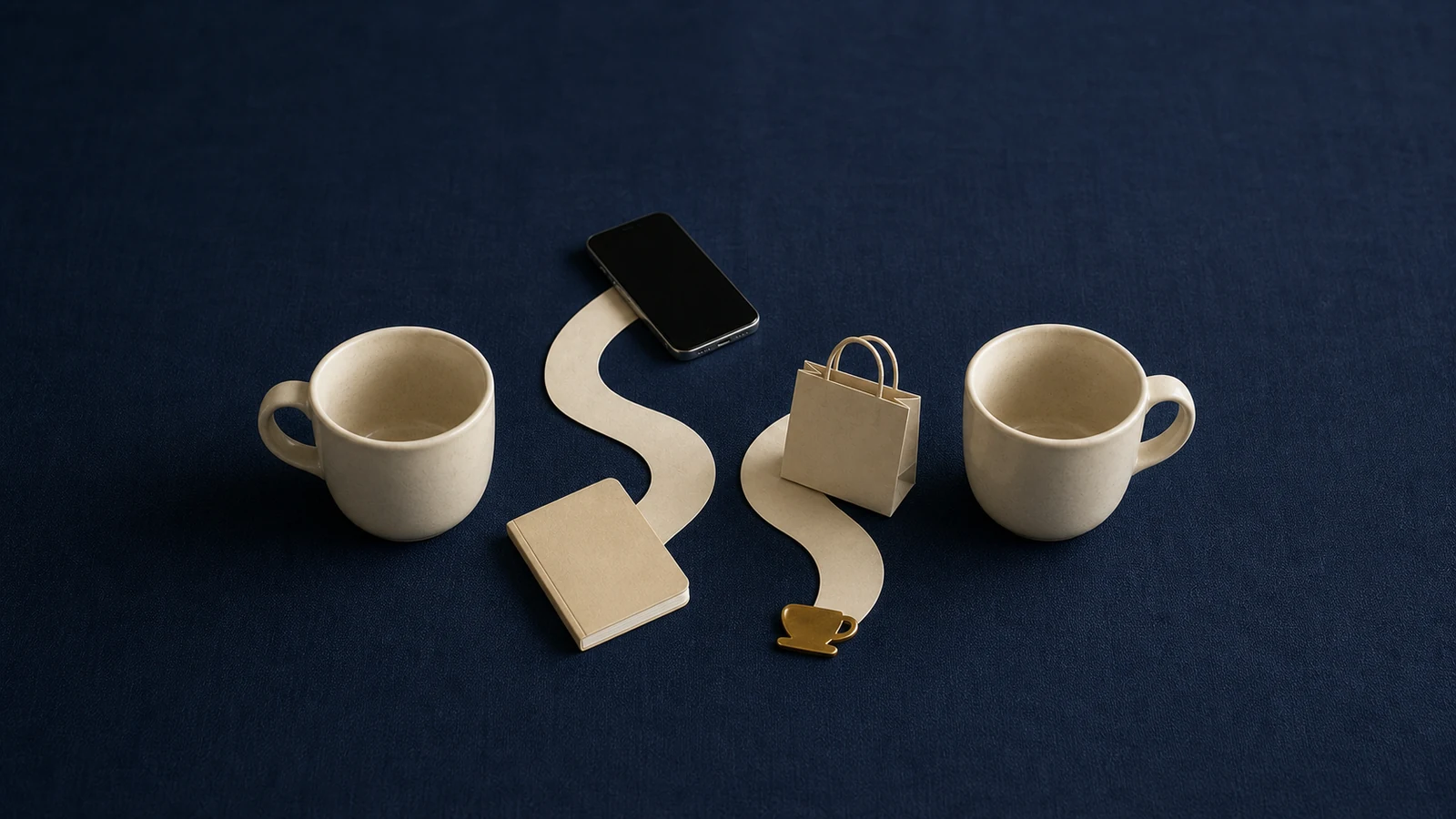 Two cups and paired everyday objects connected by winding paper paths on a navy tabletop.