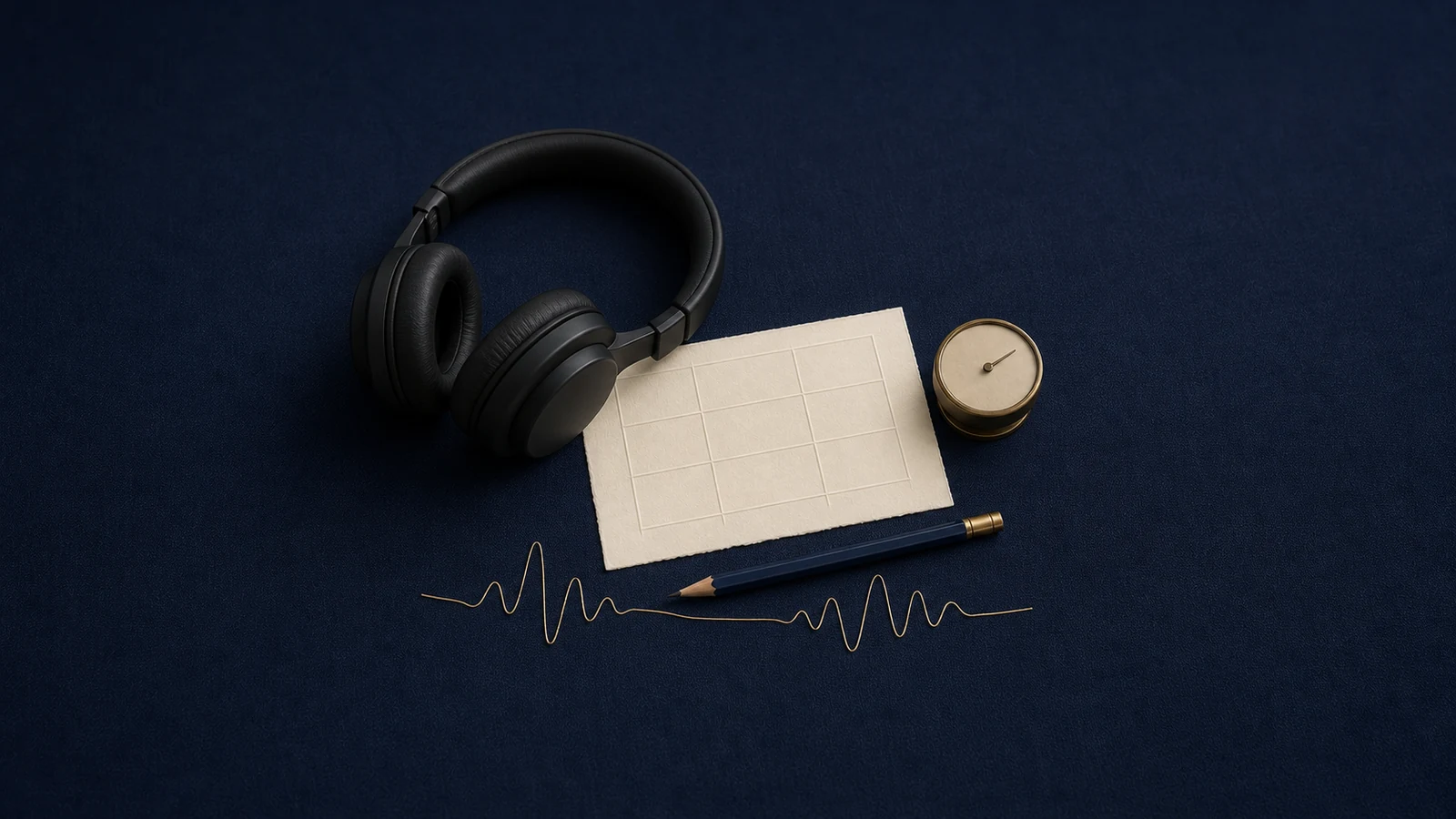 Headphones, blank answer grid, pencil, timer and a gold thread waveform.