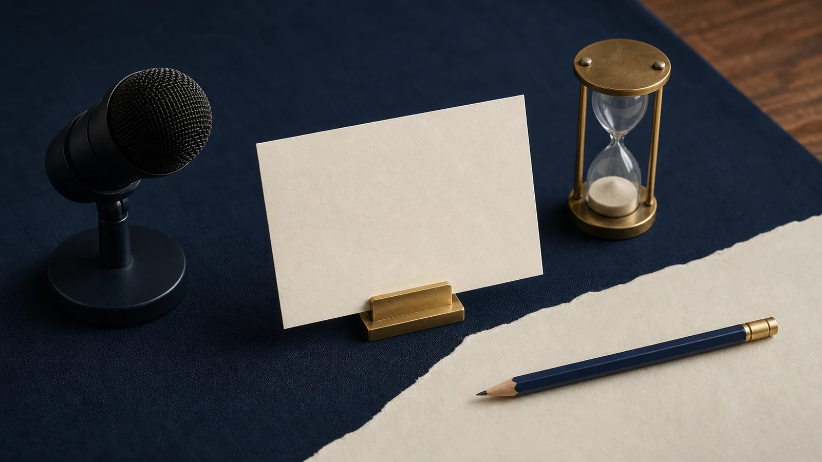 Blank cue card, microphone, pencil and sand timer on a navy study surface.
