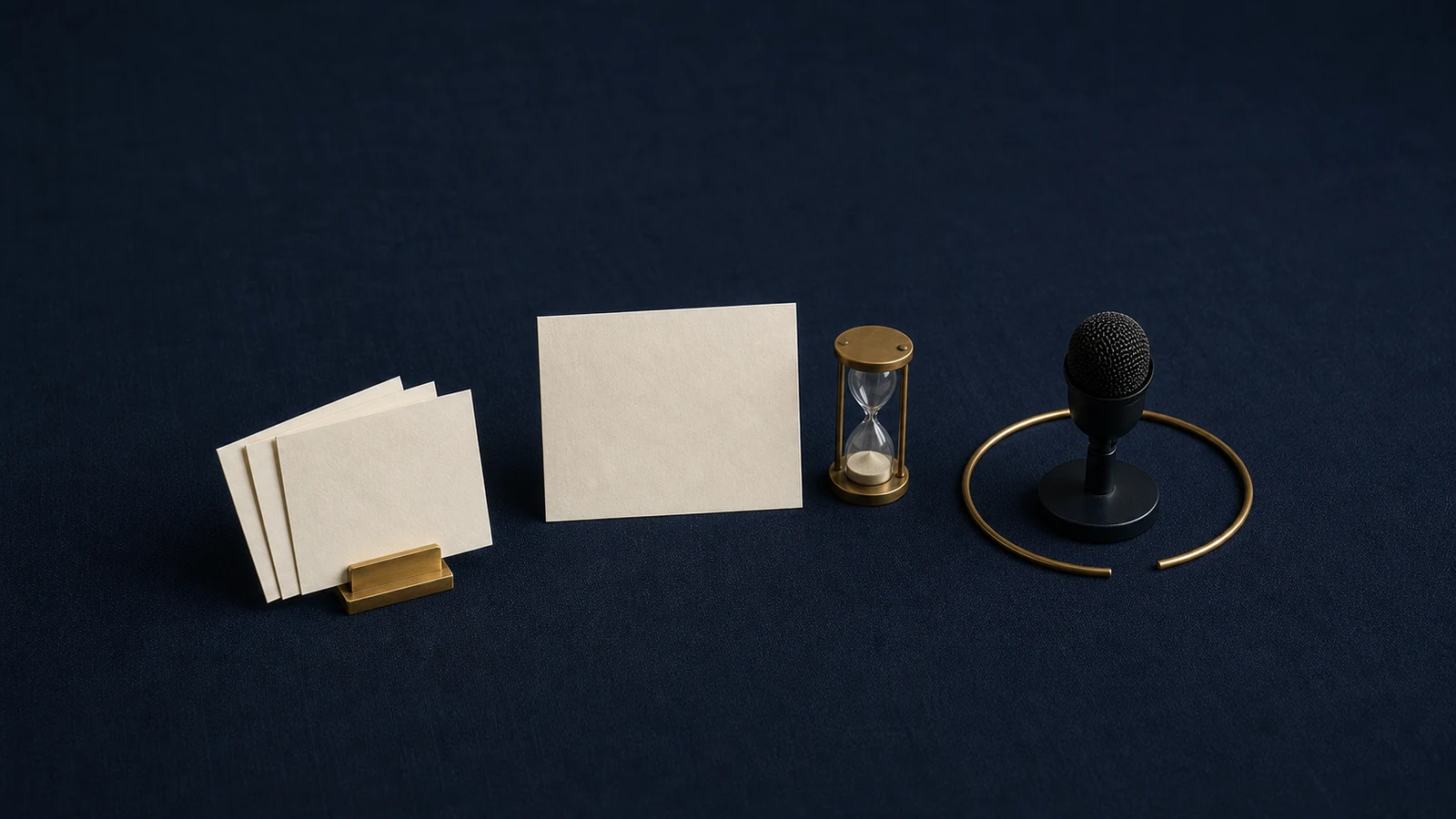 Three object-based stages representing interview questions, a cue card and discussion.