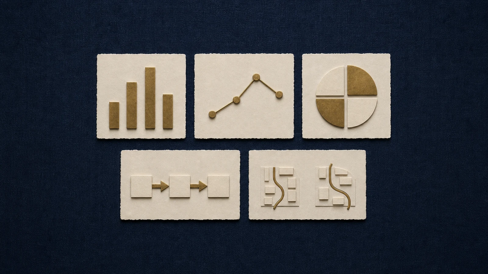 Text-free paper and brass forms suggesting charts, a process and a map.