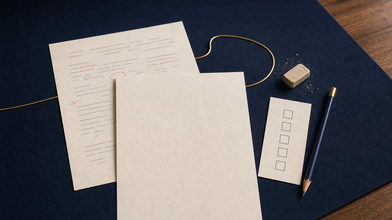 Rough and clean writing sheets beside a five-item blank self-check card.