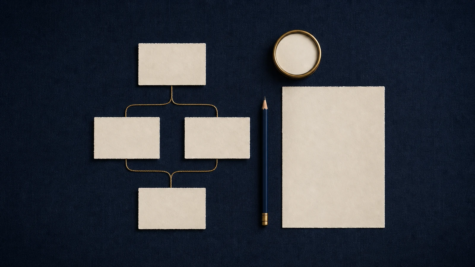 Blank essay-planning cards connected beside a pencil and final writing sheet.