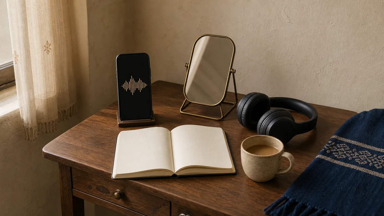 Phone, mirror, headphones and notebook arranged for English speaking practice at home.