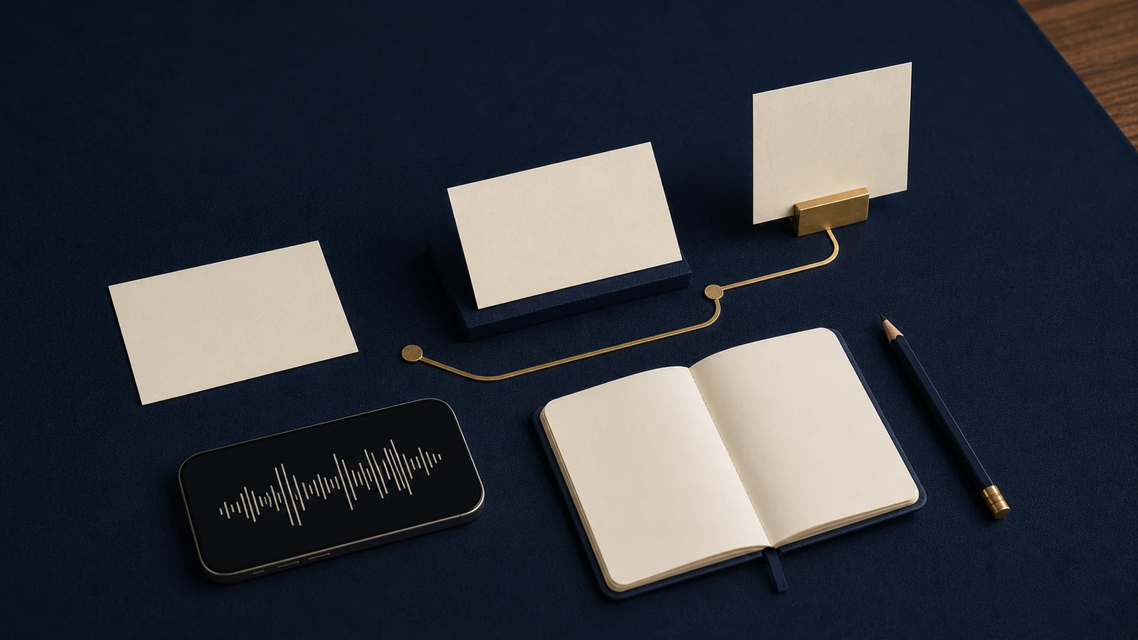 Three blank cue cards, a phone with an abstract waveform, a blank notebook and a pencil connected by a brass path.