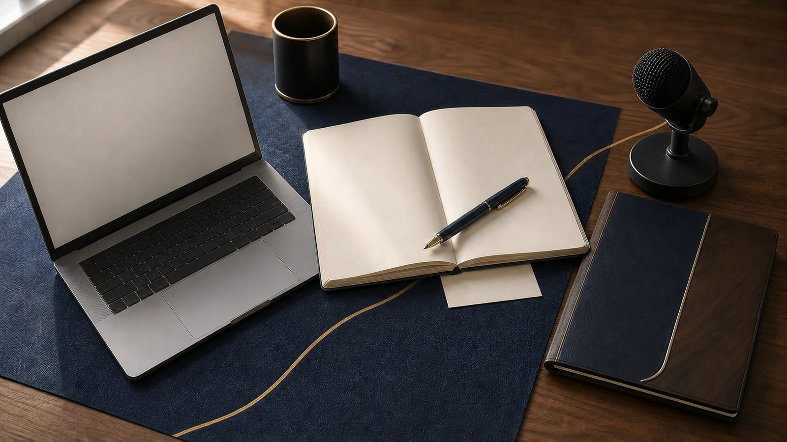 Laptop, meeting notebook, portfolio and microphone arranged for professional communication.