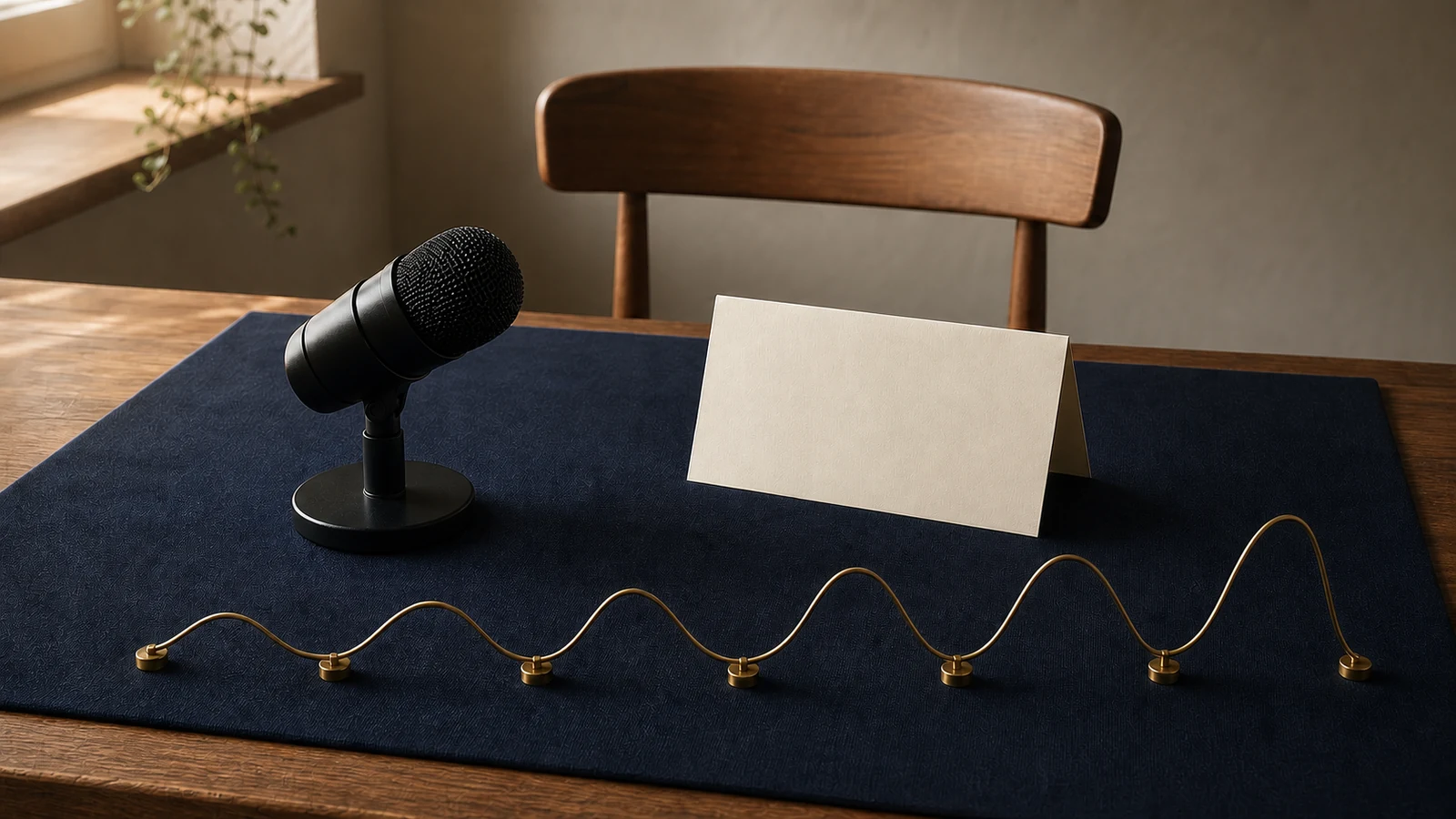 Empty chair facing a microphone with a gradually strengthening physical waveform.