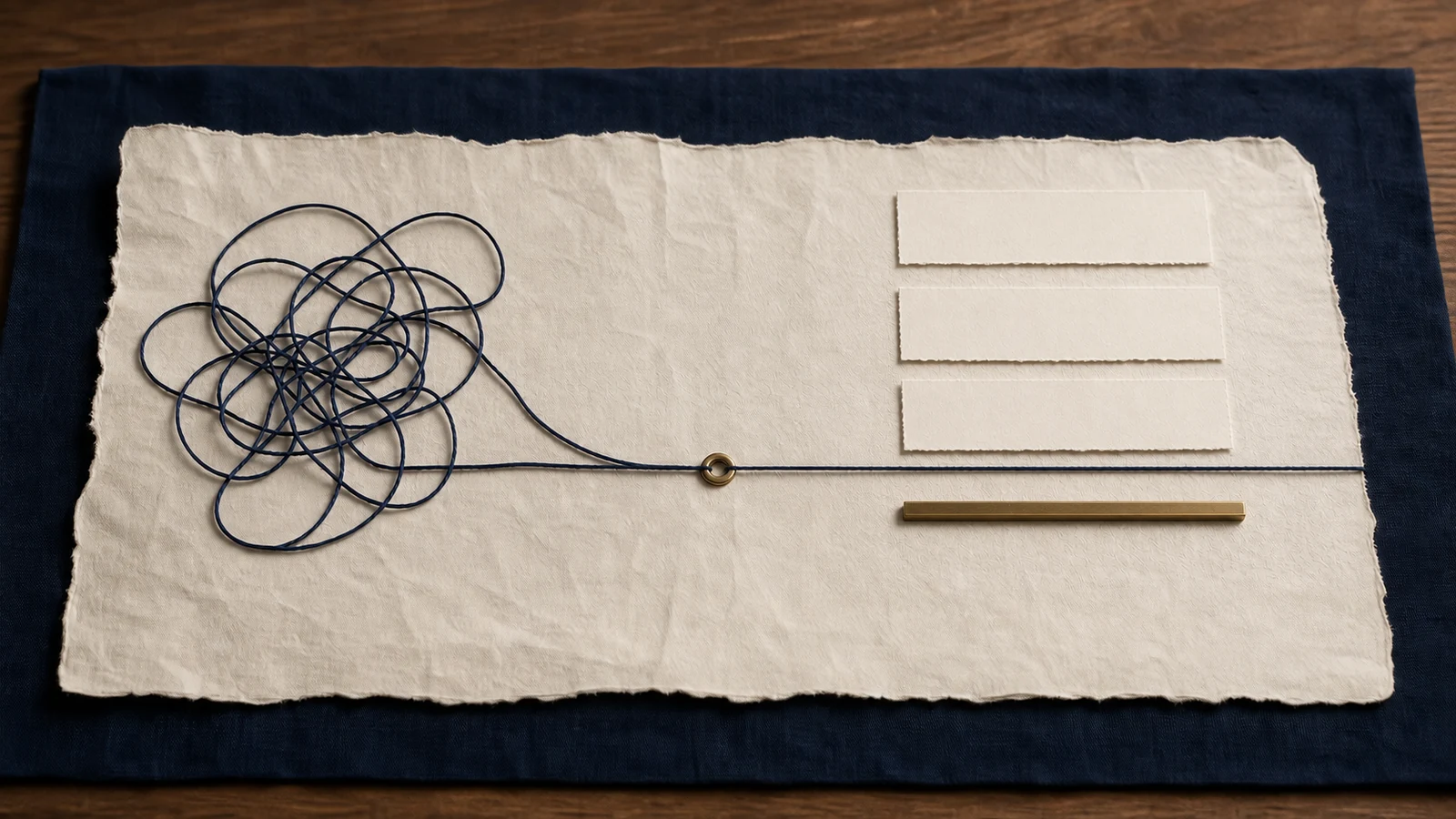 Tangled thread resolving into an orderly line beside rough and clean paper forms.