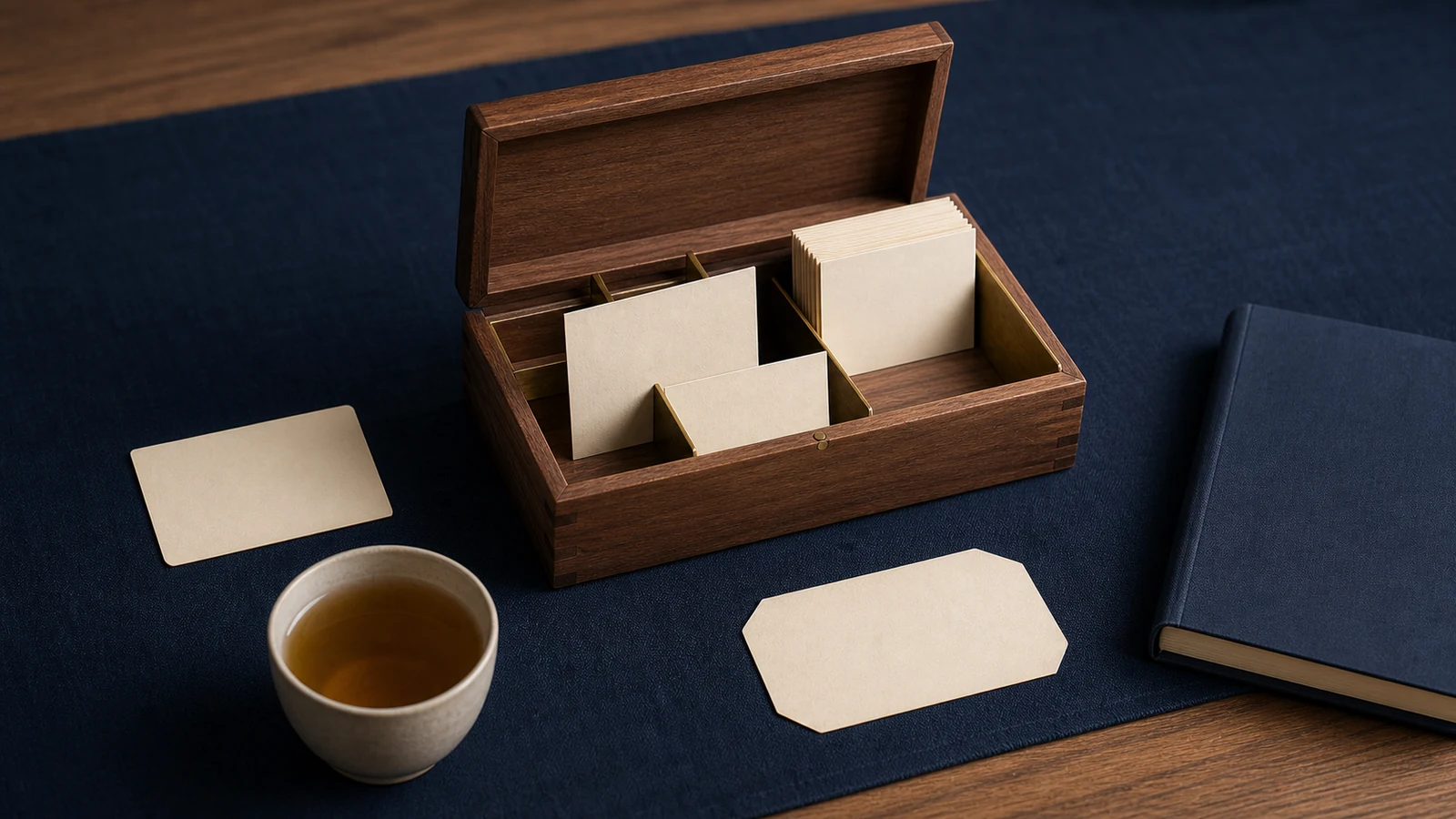 Blank index cards moving through a physical spaced-repetition system.