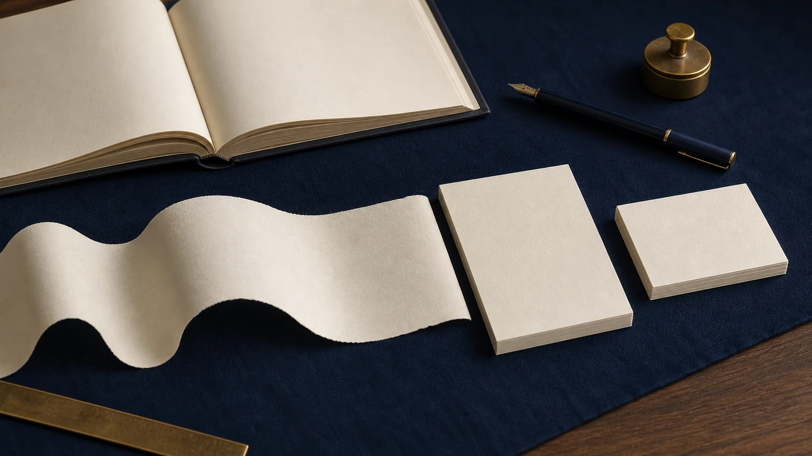 Flowing paper form becoming structured pages beside a blank book and citation cards.