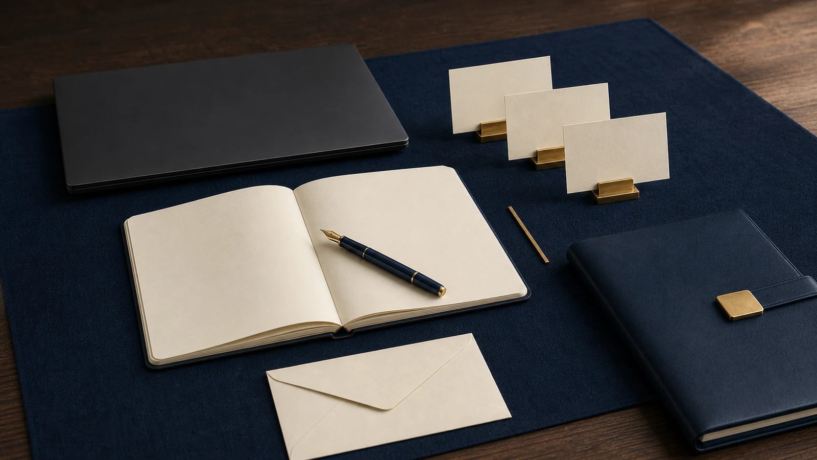 Closed laptop, blank meeting notebook, fountain pen, portfolio and blank presentation cards on a professional navy desk.