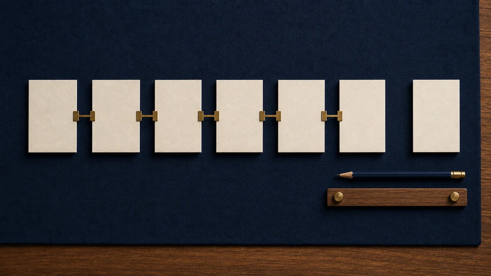 Blank paper tiles connected into a sentence-like structure on navy cloth.