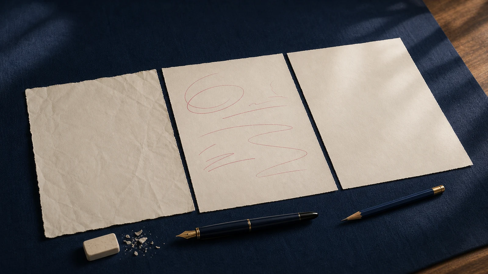Rough and clean writing drafts with correction marks, pens and eraser crumbs.