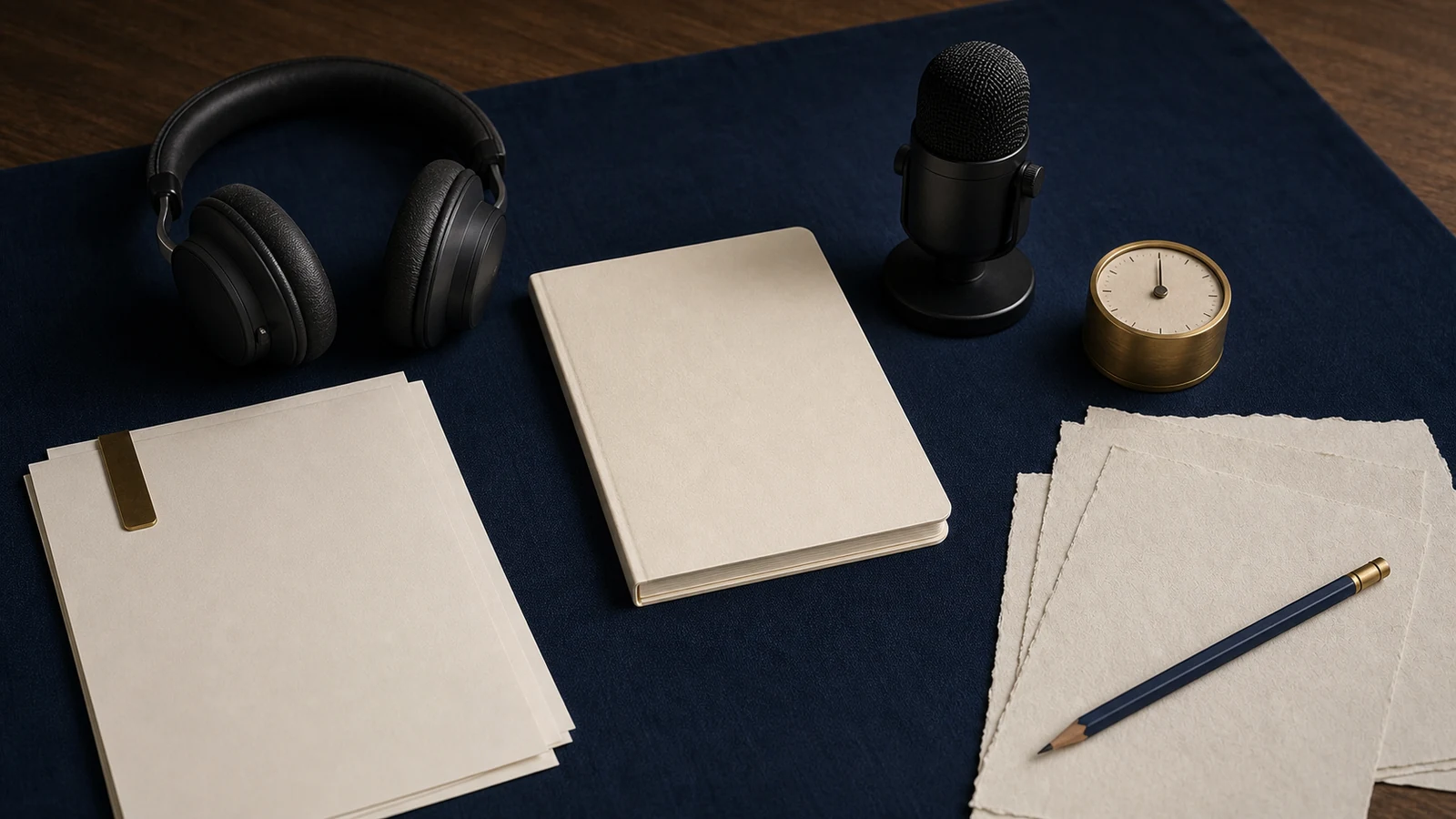 Headphones, microphone, reading sheets and writing materials arranged as four IELTS study skills.