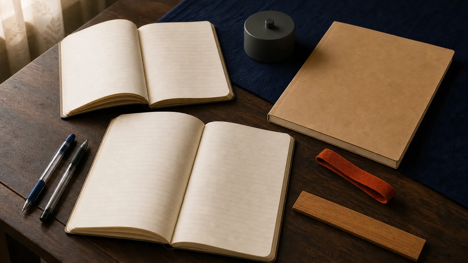 Open notebooks, pens, a closed study book and a wooden ruler on a home desk.