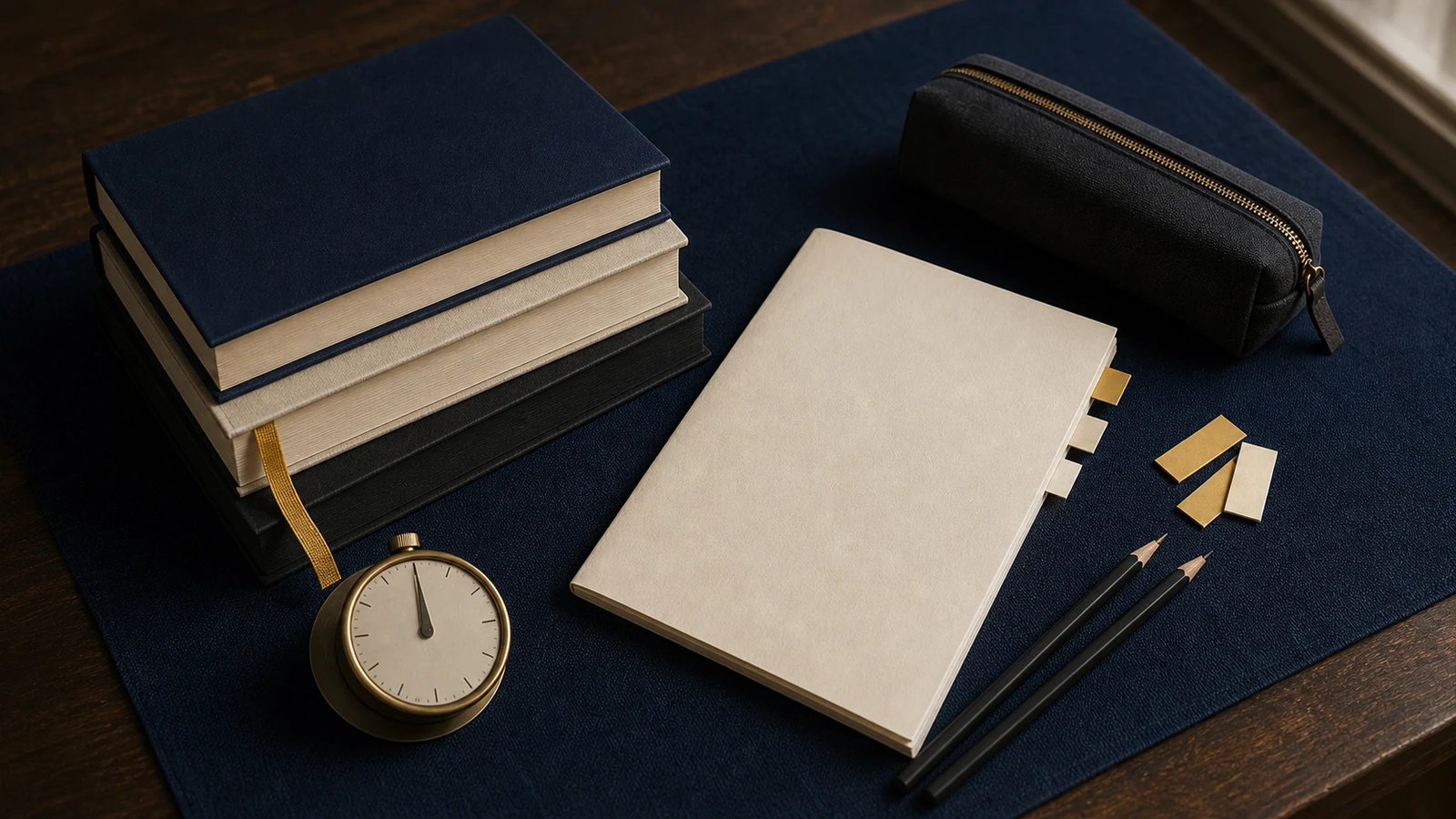 Blank-spined books, answer booklet, pencils and timer arranged for exam study.