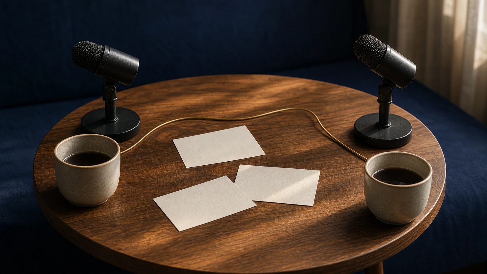 Two microphones and two cups facing each other across a conversation table.