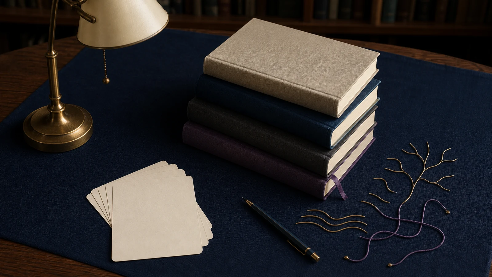 Blank books, annotation cards and abstract language-study lines under a brass lamp.