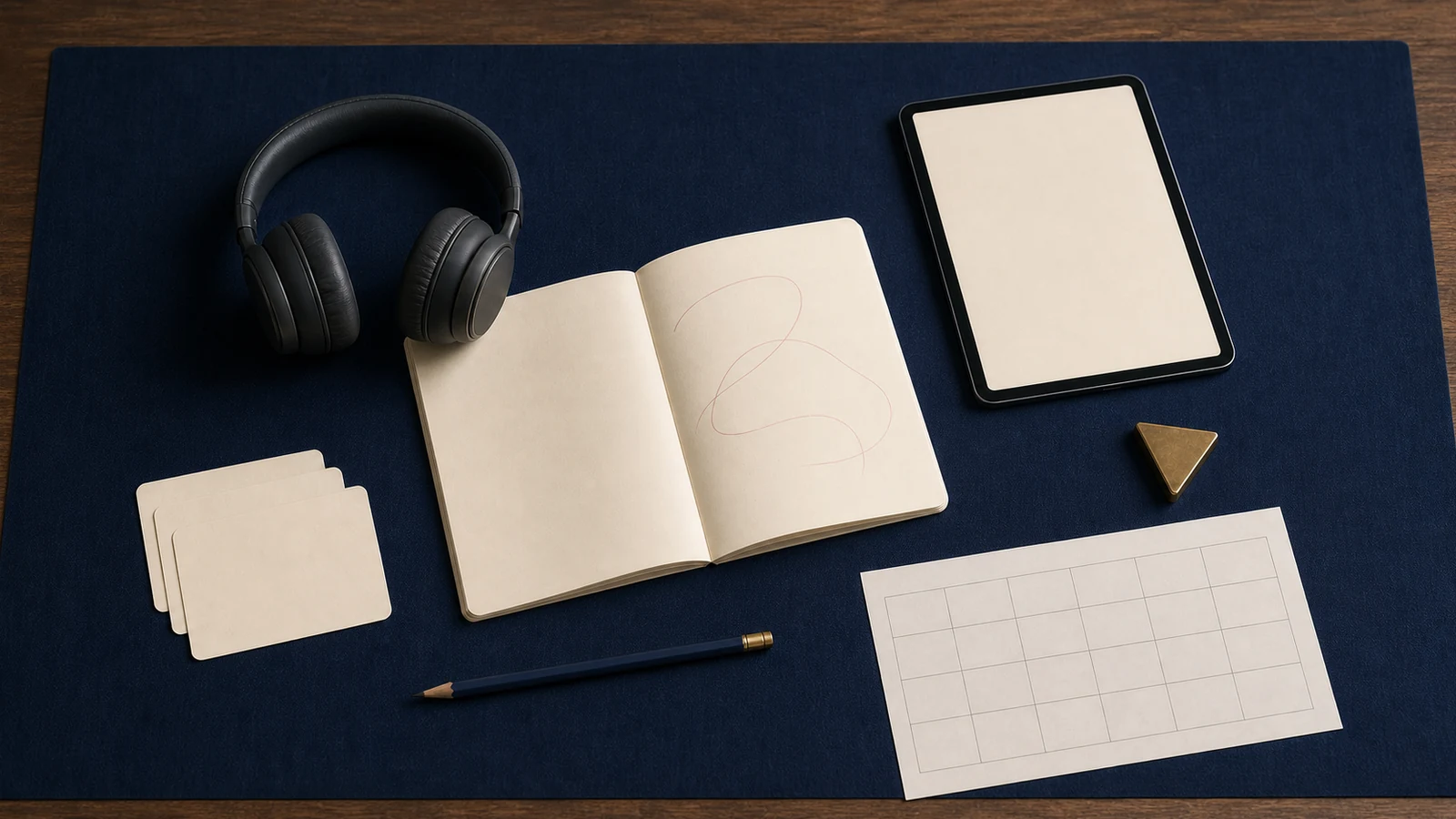 Headphones, notebook, tablet and blank resource cards arranged as a learning toolkit.