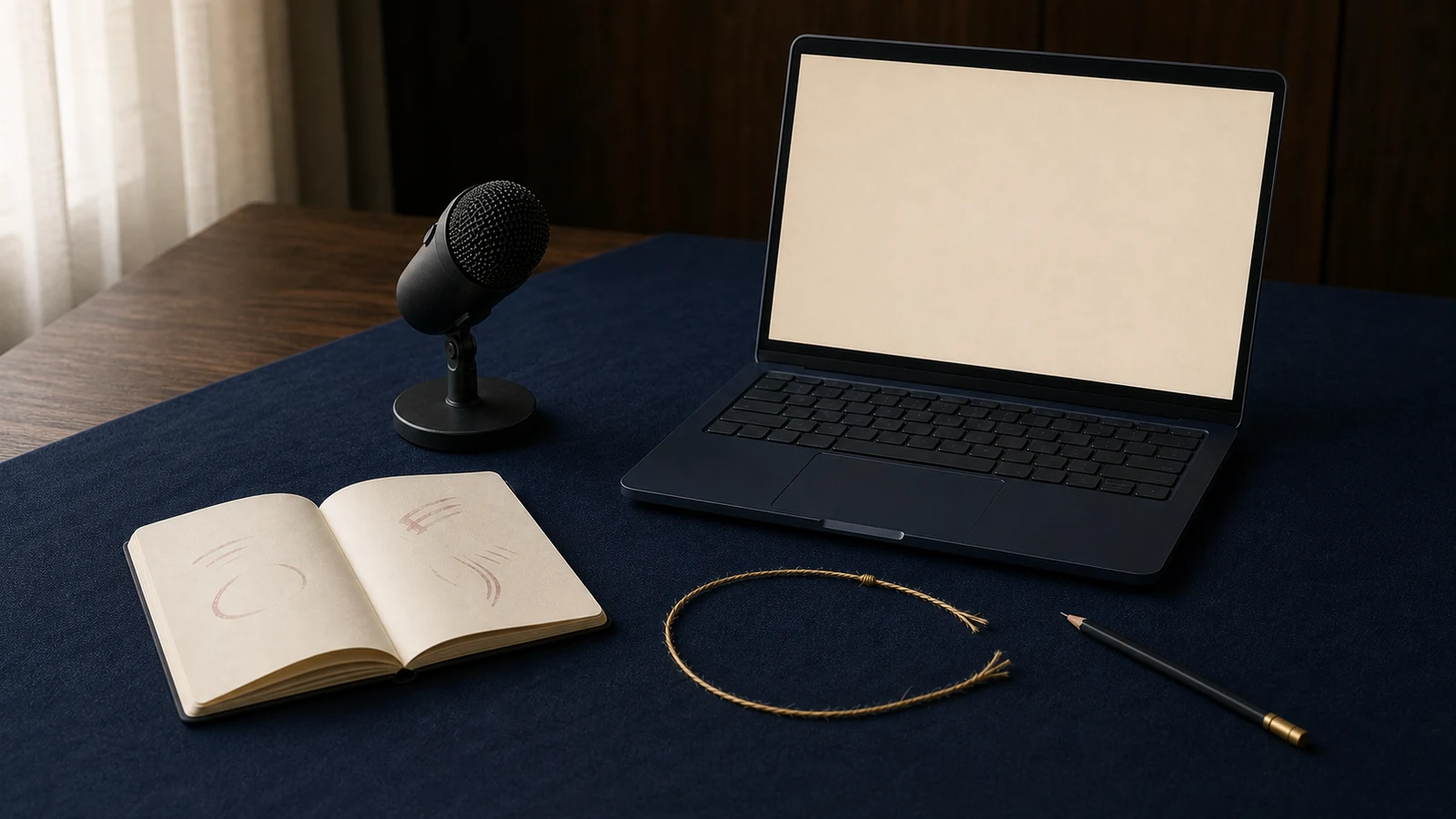 Laptop, microphone, notebook and feedback loop arranged on a navy study desk.